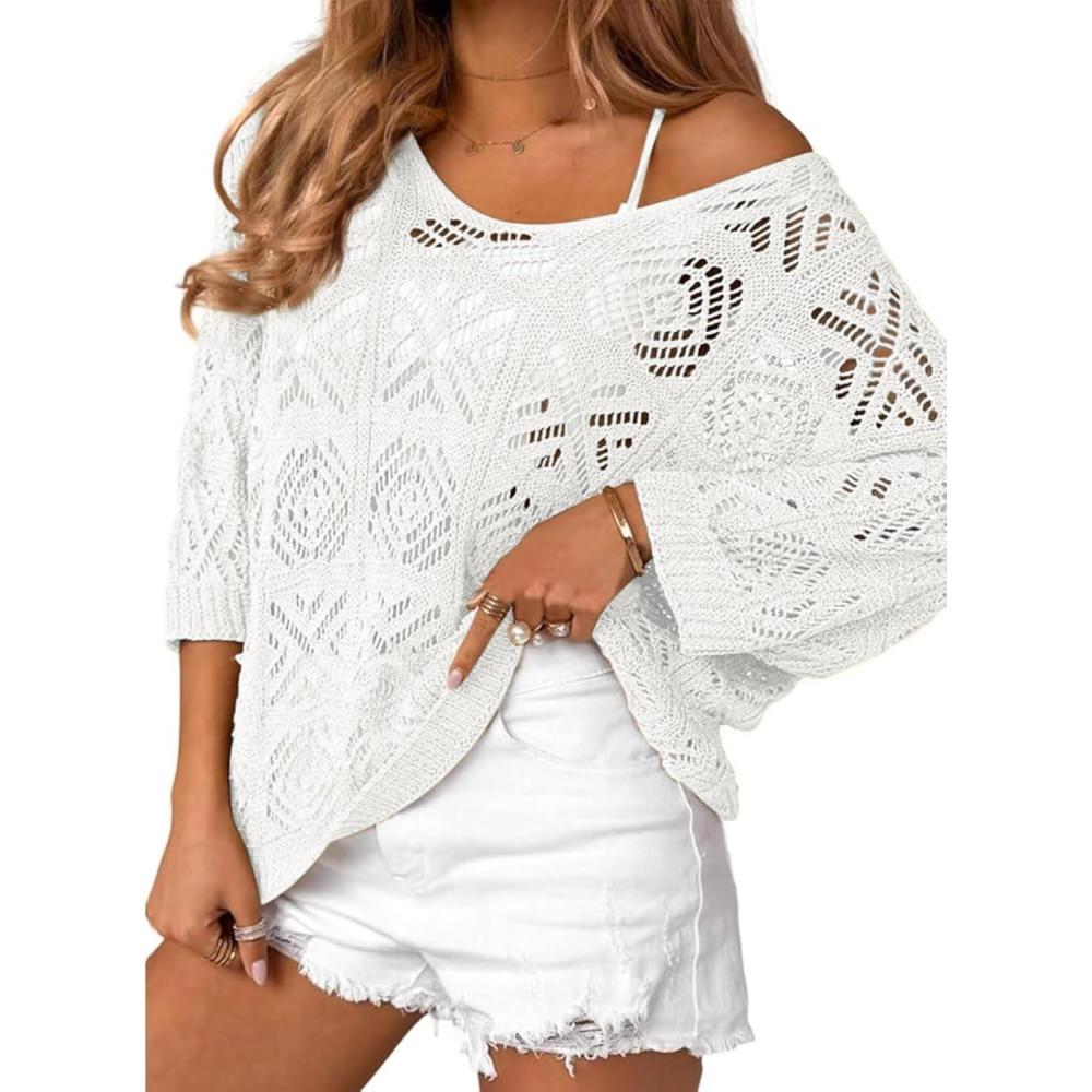 imageZeagoo Womens Summer Crochet Off The Shoulder Hollow Out Knit Tops 2025 V Neck 34 Sleeve Sweater TopWhite