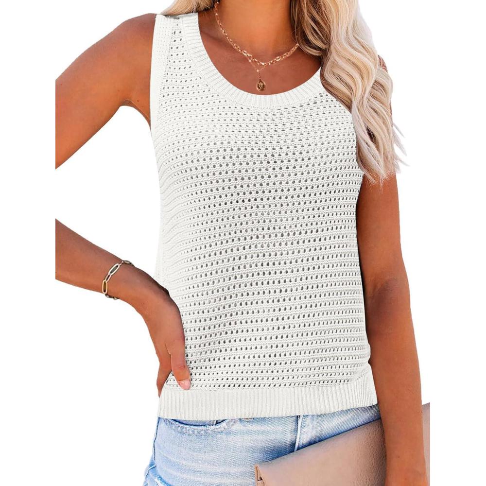 imageZeagoo Womens Summer Crochet Sleeveless Sweater Vest Round Neck Hollow Out Knit Tank Tops Casual Loose Cami TopsAwhite