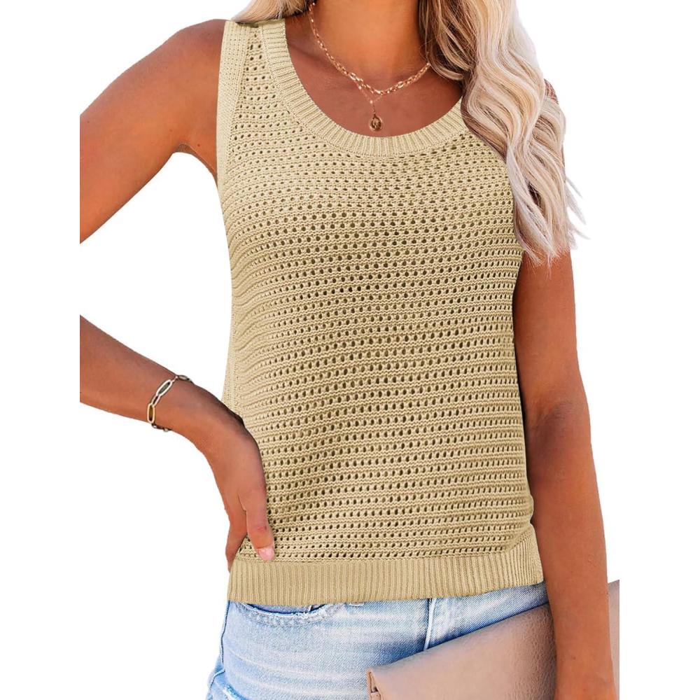 imageZeagoo Womens Summer Crochet Sleeveless Sweater Vest Round Neck Hollow Out Knit Tank Tops Casual Loose Cami TopsLight Khaki