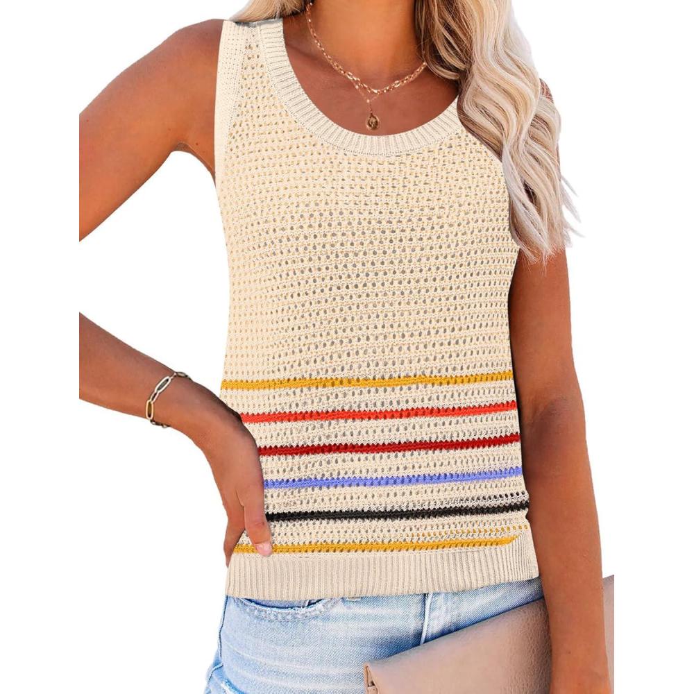 imageZeagoo Womens Summer Crochet Sleeveless Sweater Vest Round Neck Hollow Out Knit Tank Tops Casual Loose Cami TopsTw231 Colorful Stripe