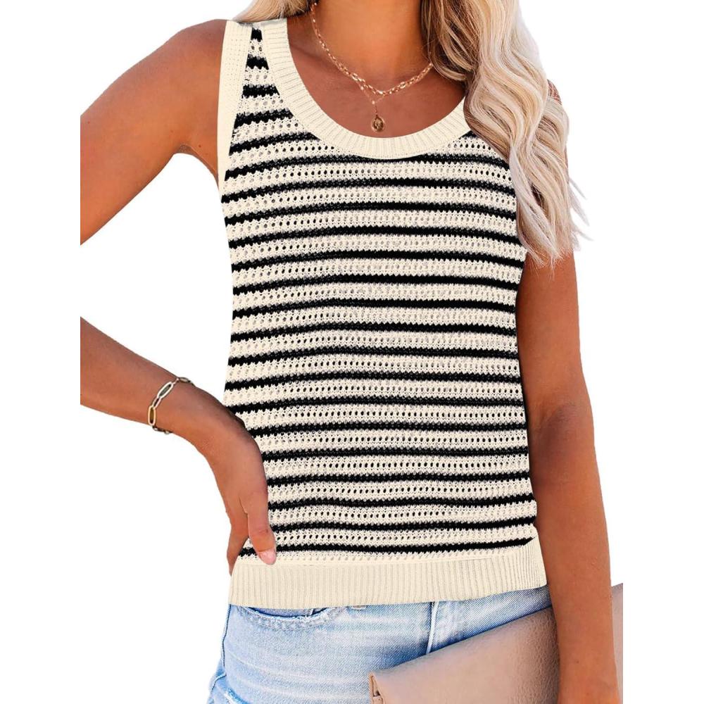 imageZeagoo Womens Summer Crochet Sleeveless Sweater Vest Round Neck Hollow Out Knit Tank Tops Casual Loose Cami TopsTw467 Stripe Beige
