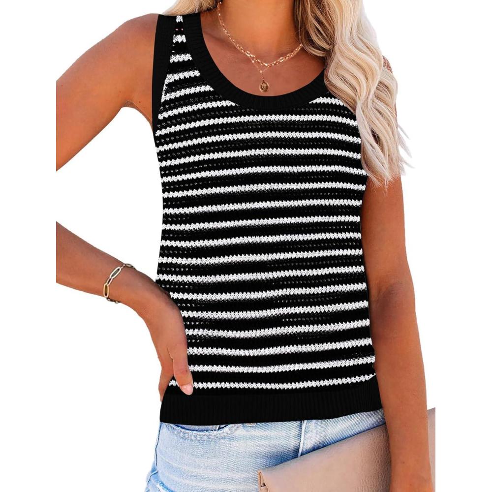 imageZeagoo Womens Summer Crochet Sleeveless Sweater Vest Round Neck Hollow Out Knit Tank Tops Casual Loose Cami TopsTw599 Stripe White
