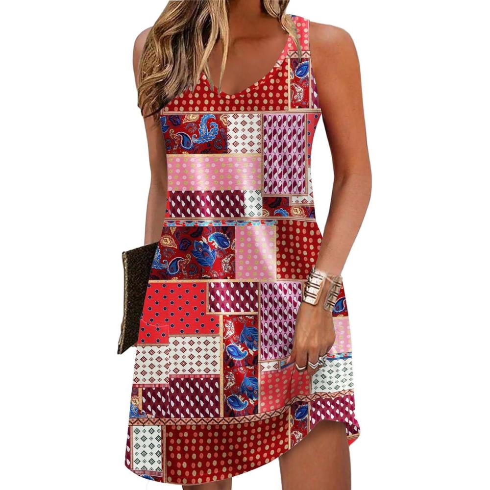 imageZeagoo Womens Summer Dress 2026 Loose V Neck Sleeveless Sundresses Swimsuit Coverup with Pockets Floral Tank DressesBohemianprinted2
