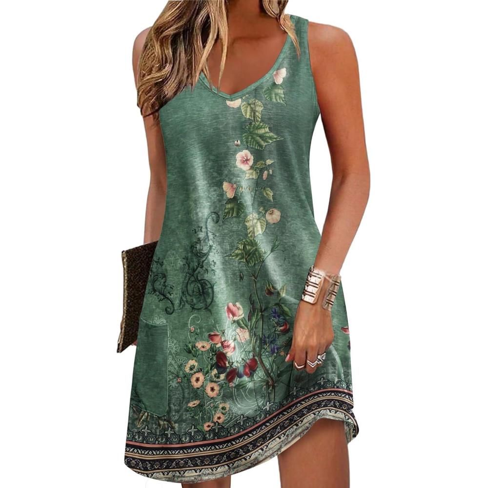 imageZeagoo Womens Summer Dress 2026 Loose V Neck Sleeveless Sundresses Swimsuit Coverup with Pockets Floral Tank DressesGreenprinted