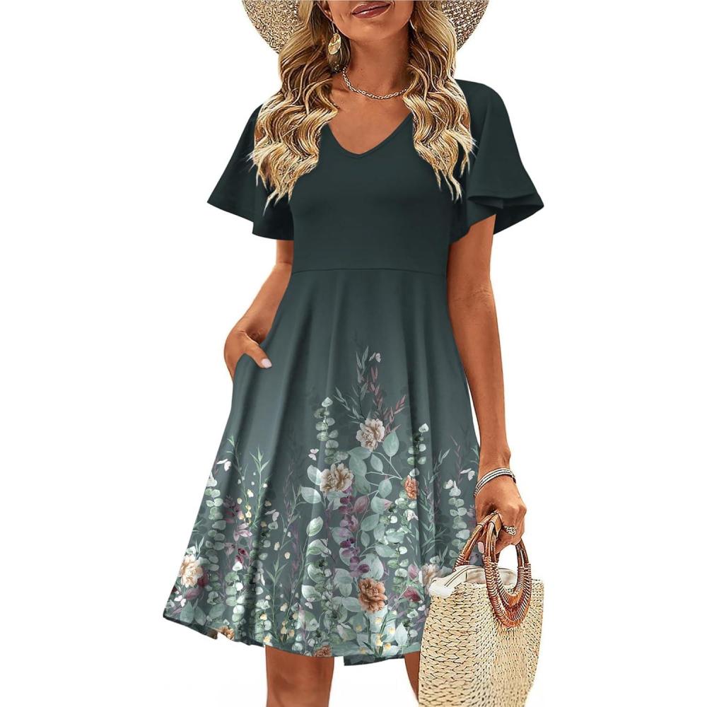 imageZeagoo Womens Summer Dress Casual Swing Floral Ruffle Short Sleeve Sundresses Beach Mini Aline Shift Dress 2026 with PocketsGray Green
