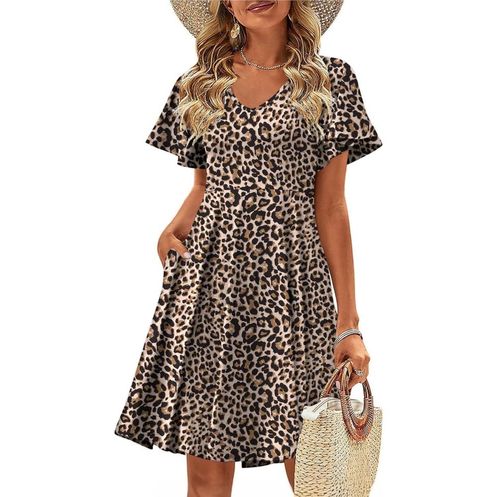 imageZeagoo Womens Summer Dress Casual Swing Floral Ruffle Short Sleeve Sundresses Beach Mini Aline Shift Dress 2026 with PocketsLeopard Print
