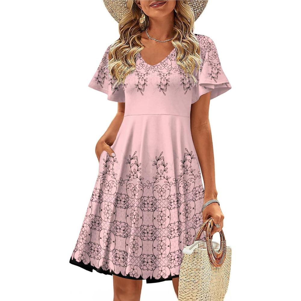 imageZeagoo Womens Summer Dress Casual Swing Floral Ruffle Short Sleeve Sundresses Beach Mini Aline Shift Dress 2026 with PocketsPink Sf292