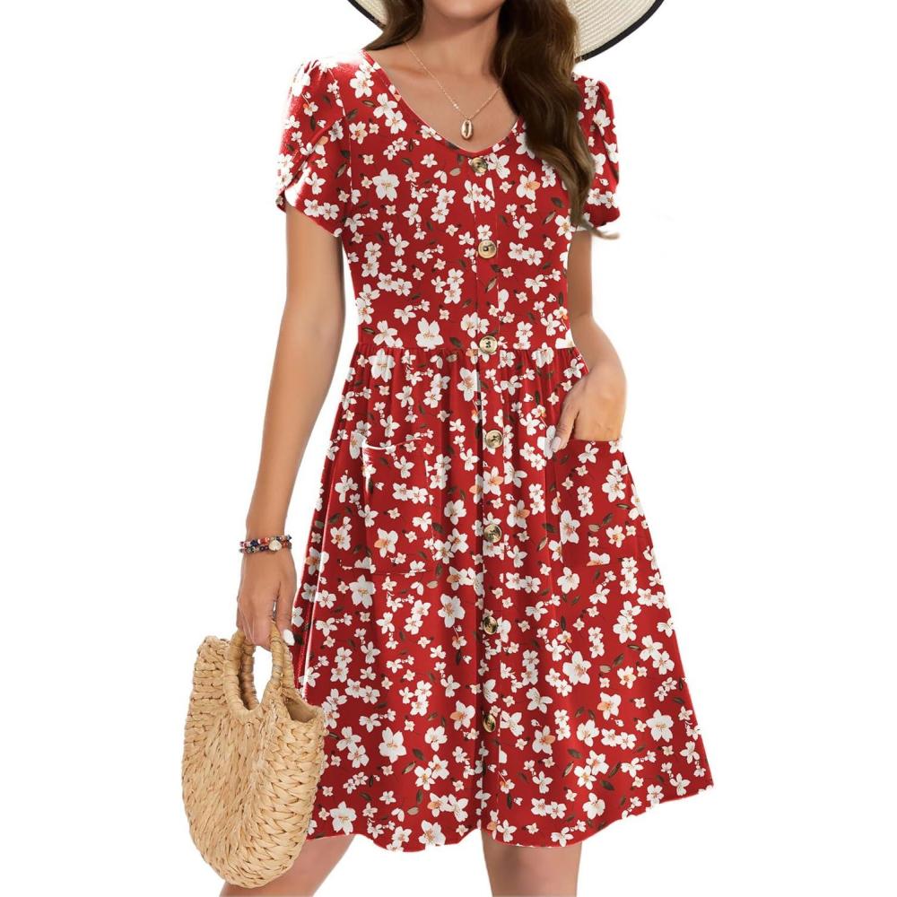imageZeagoo Womens Summer Dress Mini Petal Short Sleeve Dresses Pleated Button Down V Neck Floral Beach Swing Vacation Dress 202501floral Red White