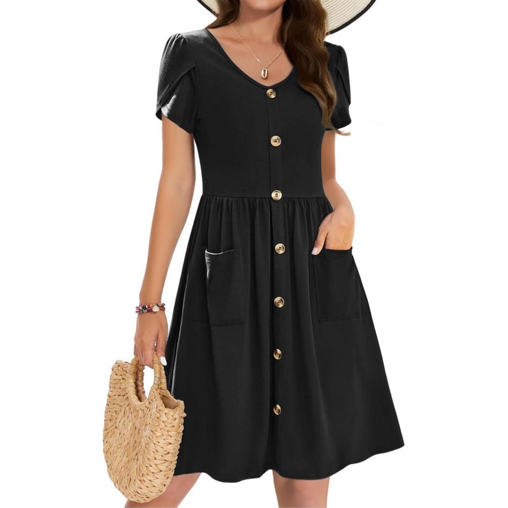 imageZeagoo Womens Summer Dress Mini Petal Short Sleeve Dresses Pleated Button Down V Neck Floral Beach Swing Vacation Dress 2025Black
