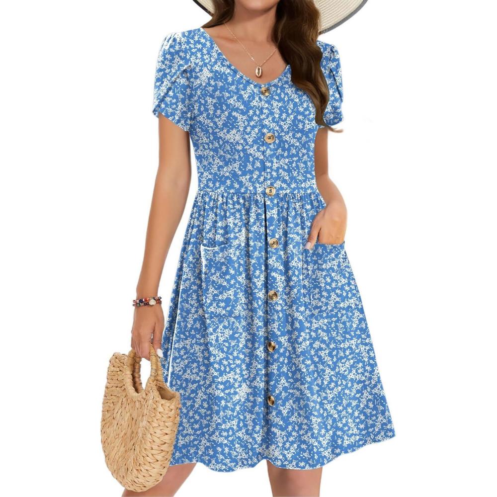 imageZeagoo Womens Summer Dress Mini Petal Short Sleeve Dresses Pleated Button Down V Neck Floral Beach Swing Vacation Dress 2025Floral Blue