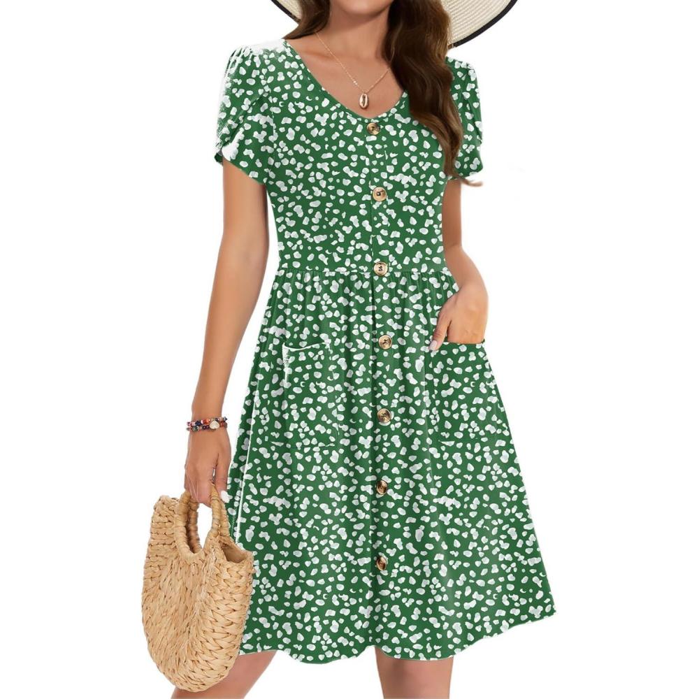 imageZeagoo Womens Summer Dress Mini Petal Short Sleeve Dresses Pleated Button Down V Neck Floral Beach Swing Vacation Dress 2025Jh560