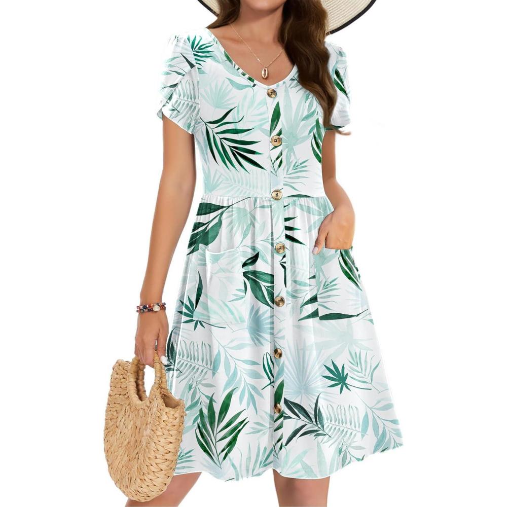 imageZeagoo Womens Summer Dress Mini Petal Short Sleeve Dresses Pleated Button Down V Neck Floral Beach Swing Vacation Dress 2025Leaf Blue Green