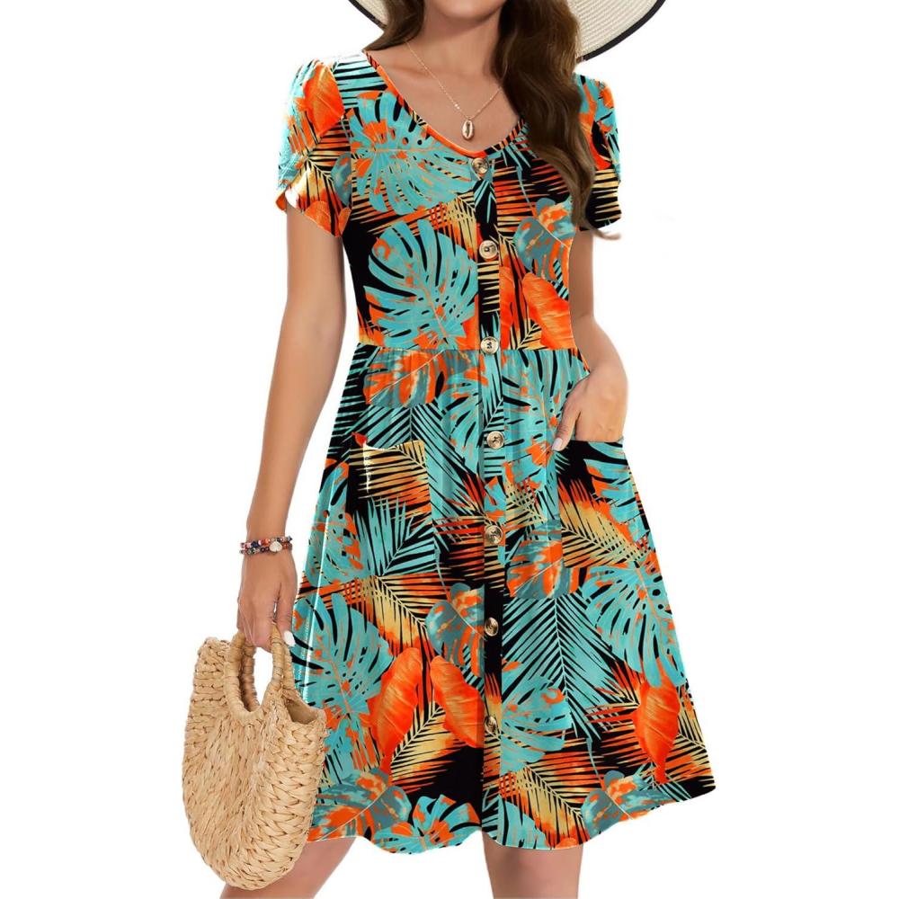 imageZeagoo Womens Summer Dress Mini Petal Short Sleeve Dresses Pleated Button Down V Neck Floral Beach Swing Vacation Dress 2025Leaf Blue Red