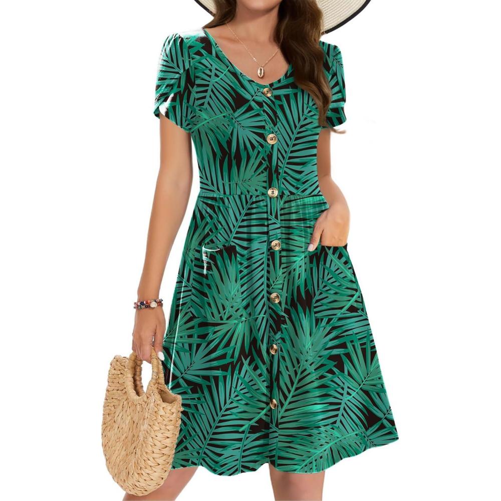 imageZeagoo Womens Summer Dress Mini Petal Short Sleeve Dresses Pleated Button Down V Neck Floral Beach Swing Vacation Dress 2025Leaf Green 1
