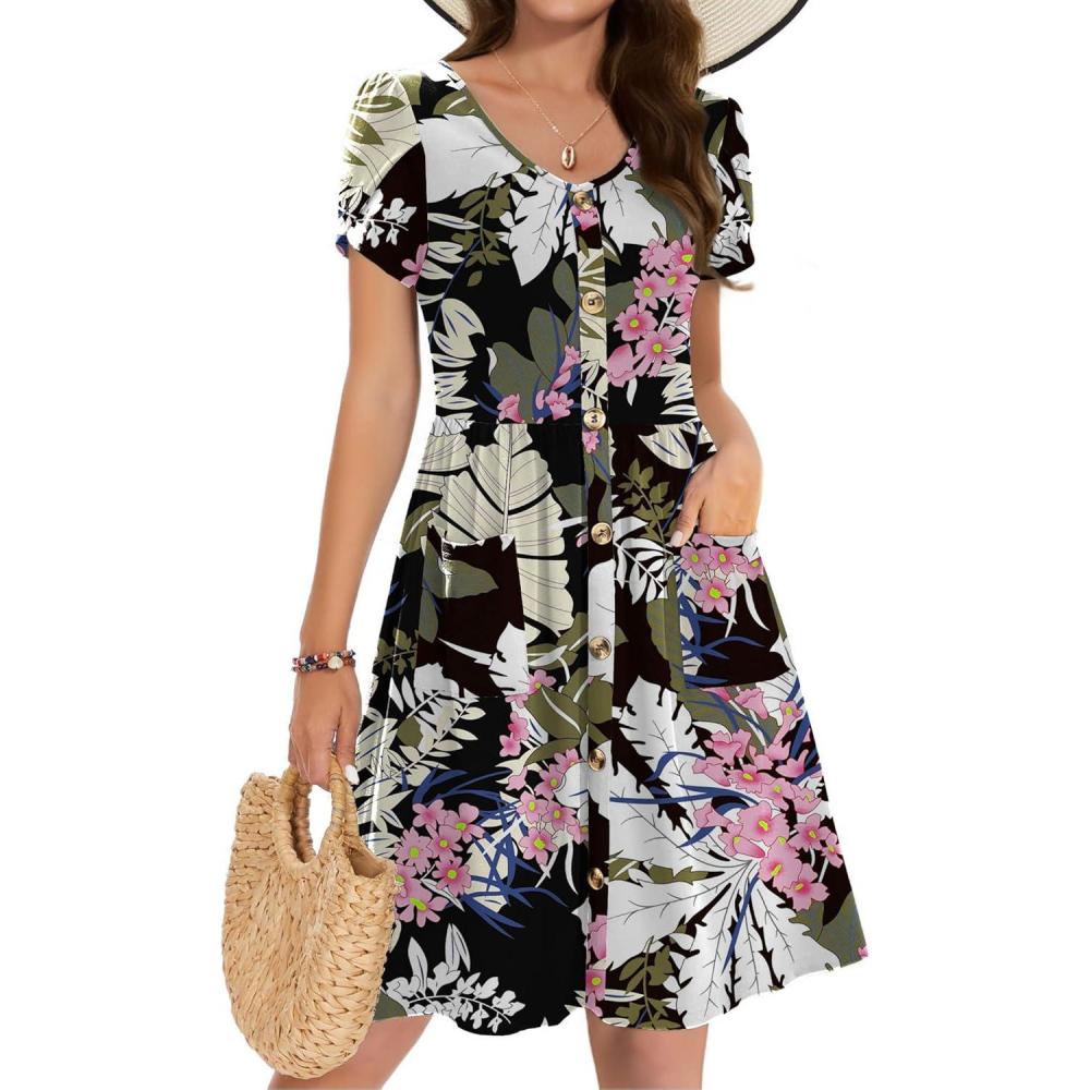 imageZeagoo Womens Summer Dress Mini Petal Short Sleeve Dresses Pleated Button Down V Neck Floral Beach Swing Vacation Dress 2025Leaf Pink Flower