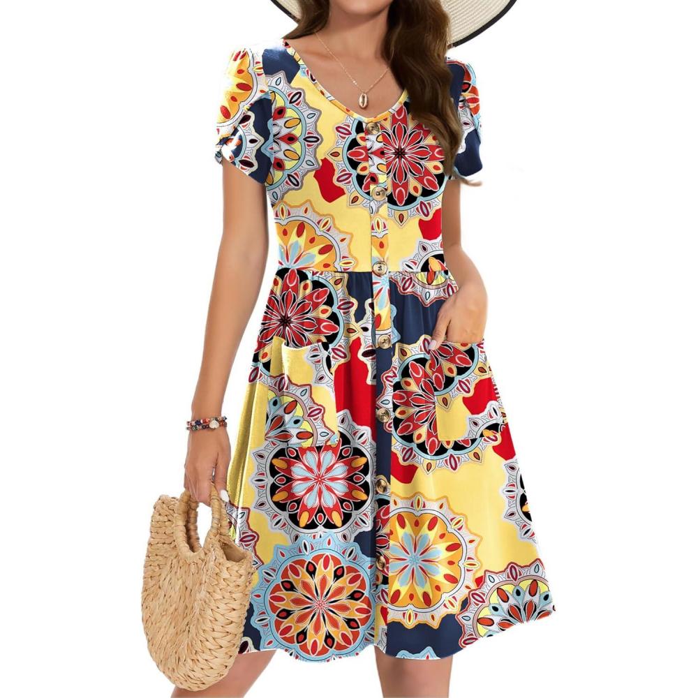 imageZeagoo Womens Summer Dress Mini Petal Short Sleeve Dresses Pleated Button Down V Neck Floral Beach Swing Vacation Dress 2025Picture434
