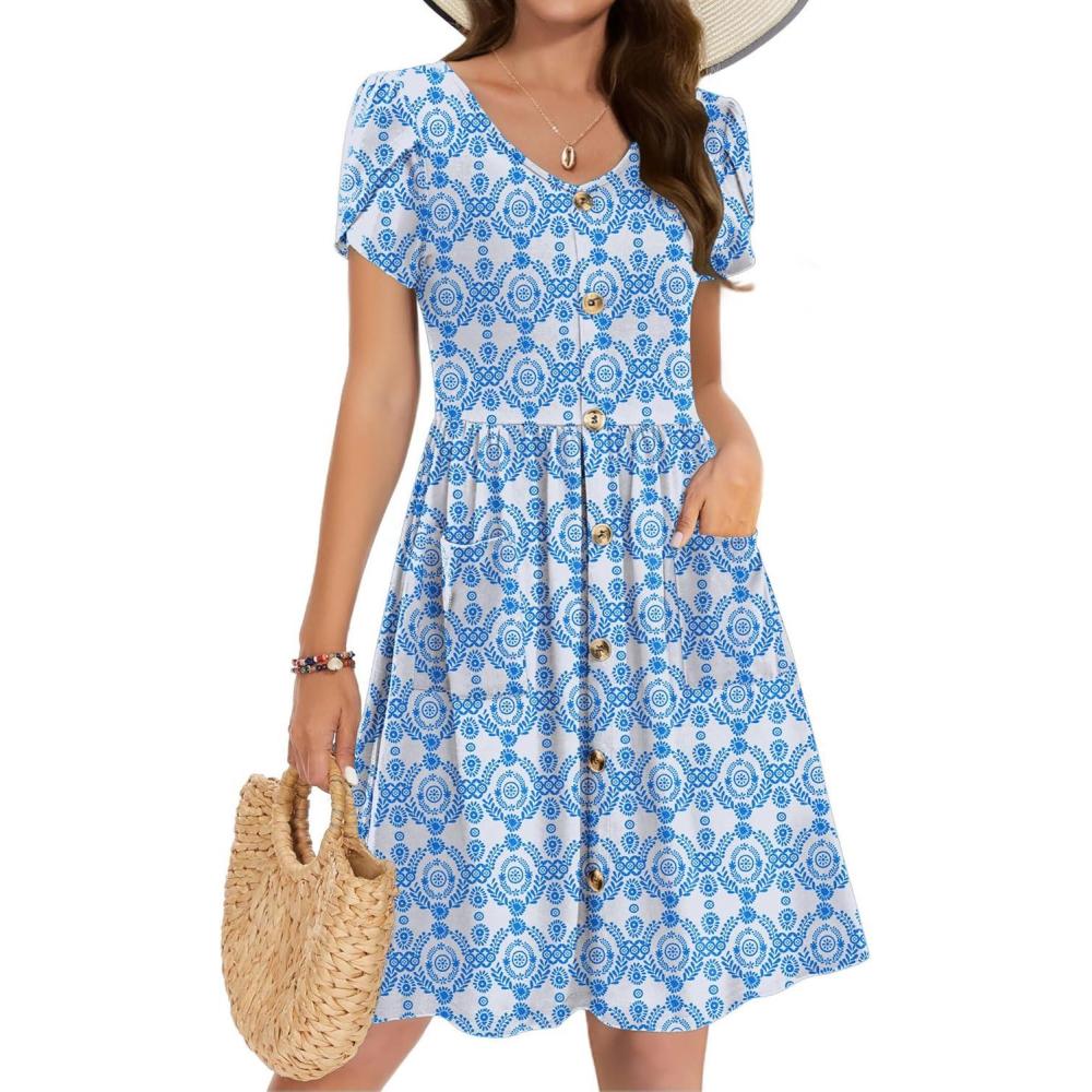 imageZeagoo Womens Summer Dress Mini Petal Short Sleeve Dresses Pleated Button Down V Neck Floral Beach Swing Vacation Dress 2025Picture749