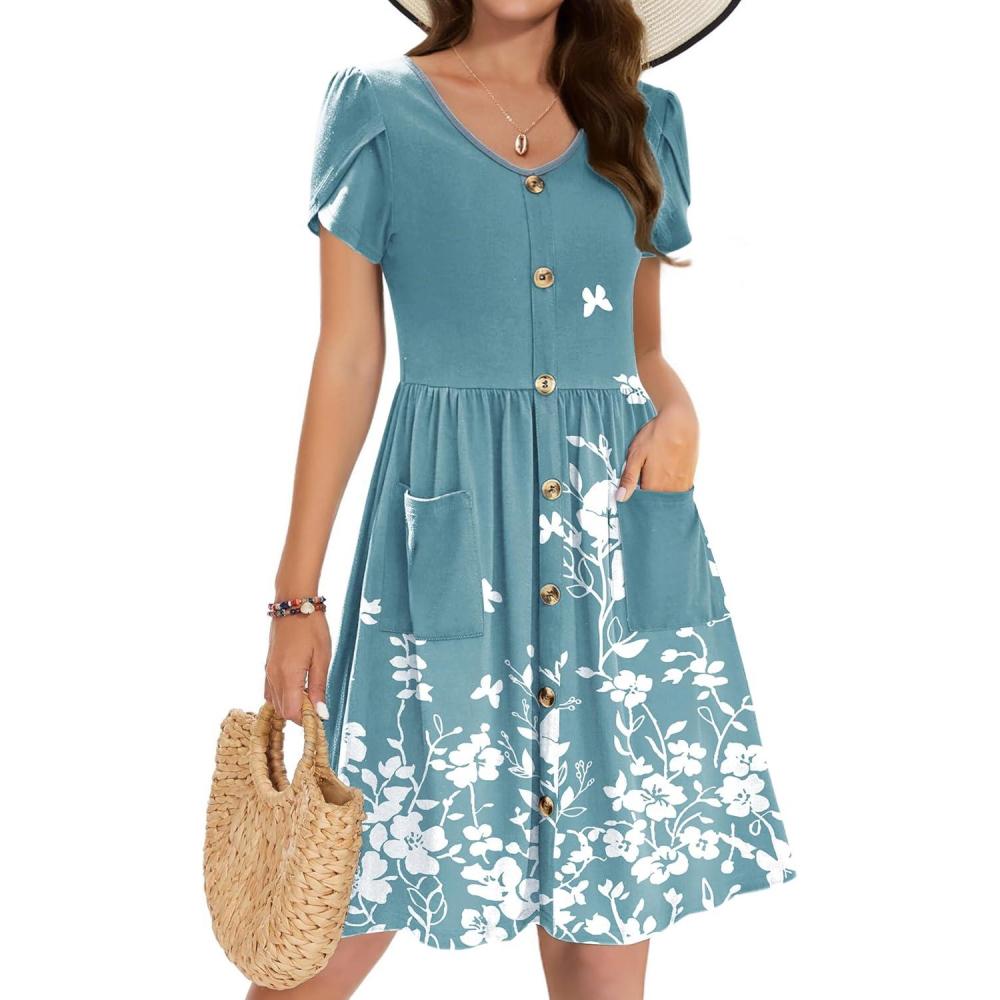 imageZeagoo Womens Summer Dress Mini Petal Short Sleeve Dresses Pleated Button Down V Neck Floral Beach Swing Vacation Dress 2025Sf234
