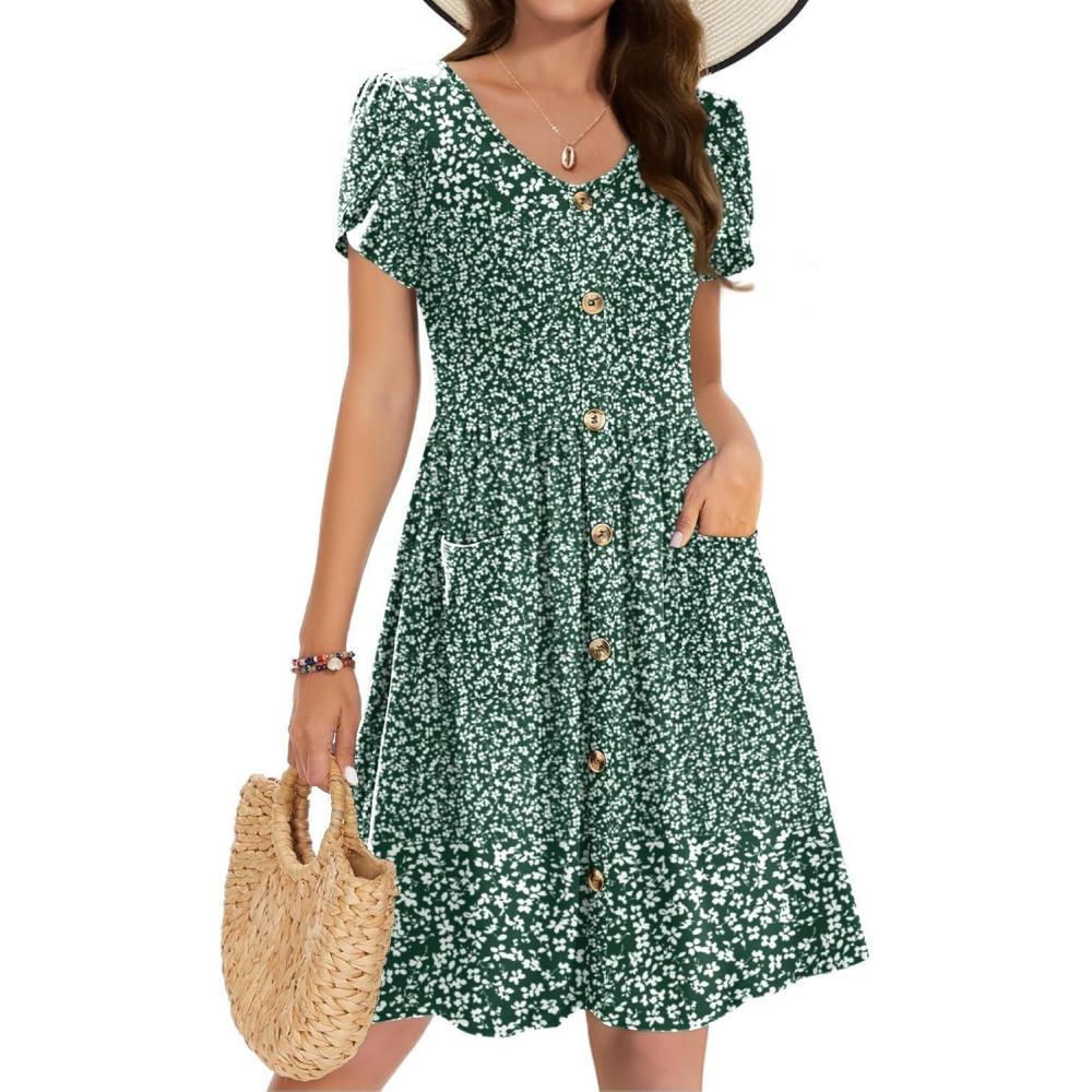 imageZeagoo Womens Summer Dress Mini Petal Short Sleeve Dresses Pleated Button Down V Neck Floral Beach Swing Vacation Dress 2025Xh539
