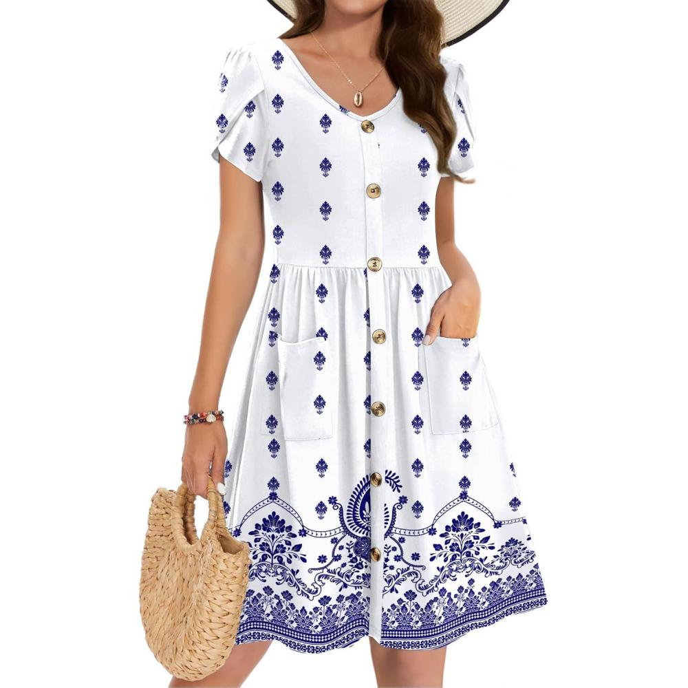 imageZeagoo Womens Summer Dress Mini Petal Short Sleeve Dresses Pleated Button Down V Neck Floral Beach Swing Vacation Dress 2025Yg1