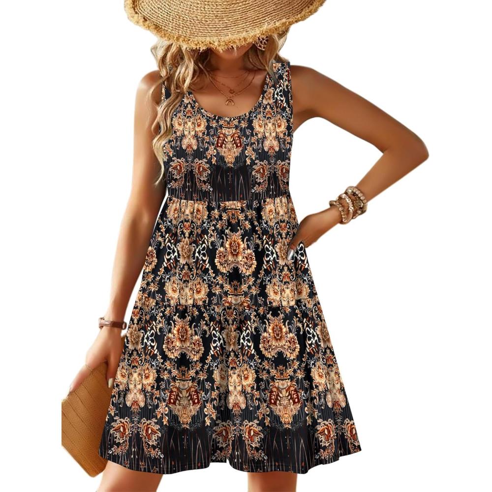 imageZeagoo Womens Summer Sundress Boho Floral Casual Tank Dresses with Pockets Sleeveless Tiered Swing A Line Beach DressBlack Orange Floral