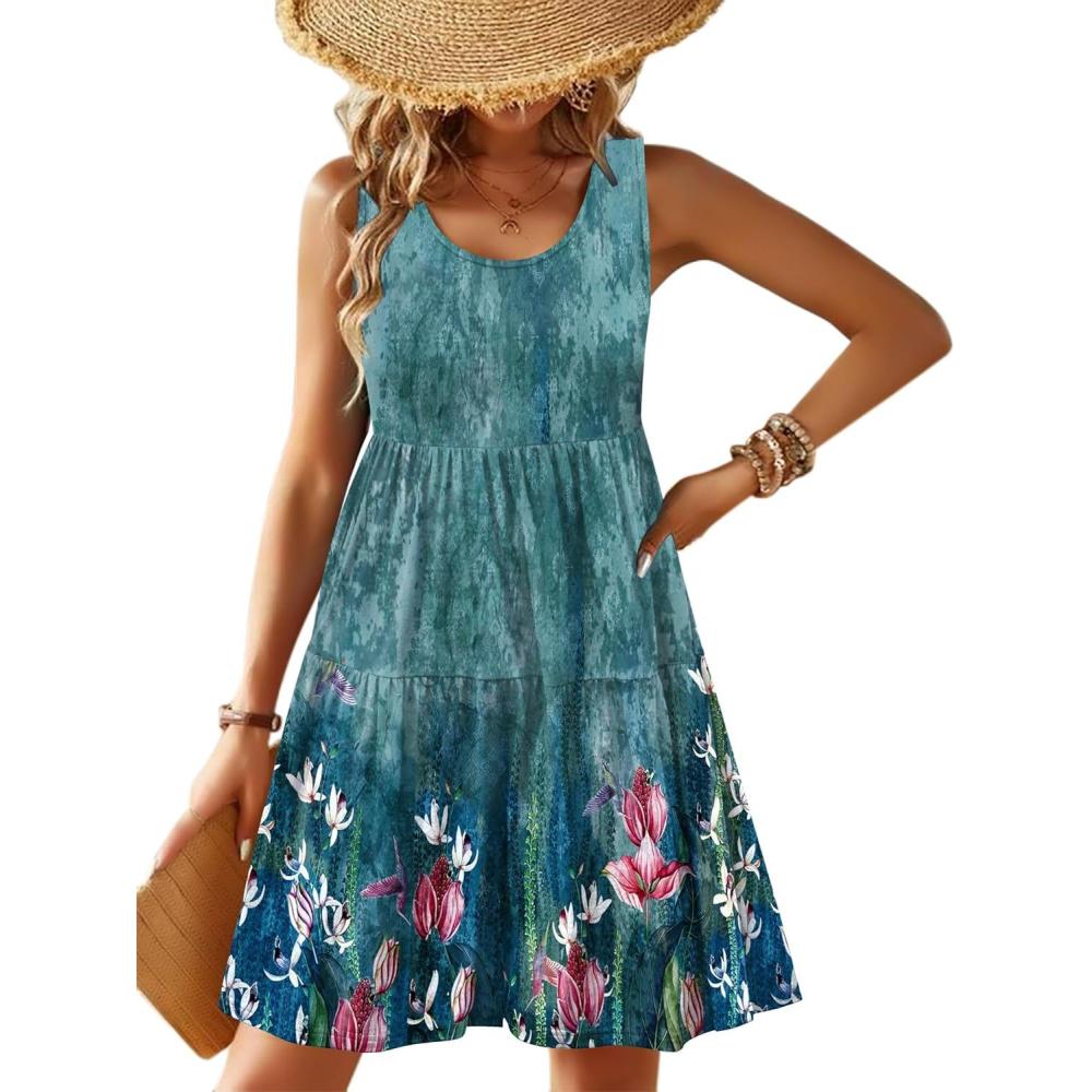 imageZeagoo Womens Summer Sundress Boho Floral Casual Tank Dresses with Pockets Sleeveless Tiered Swing A Line Beach DressBlue Floral