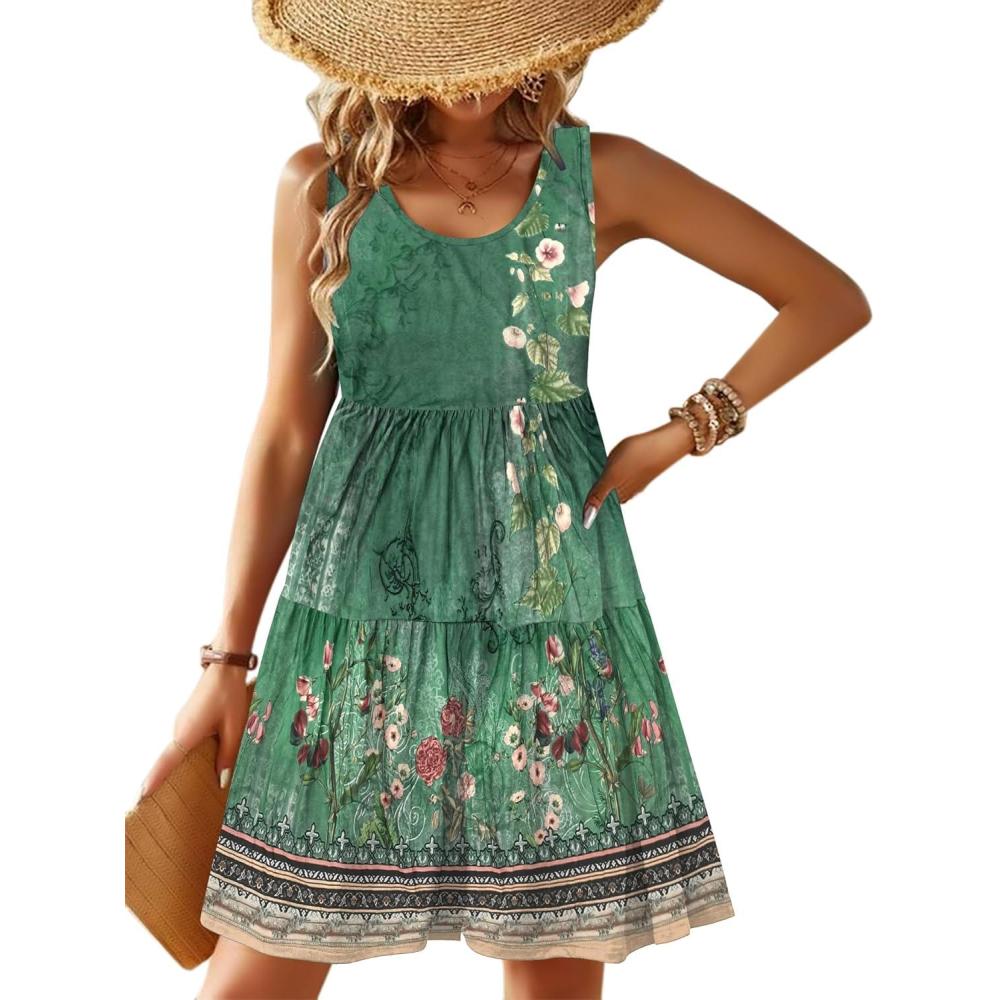 imageZeagoo Womens Summer Sundress Boho Floral Casual Tank Dresses with Pockets Sleeveless Tiered Swing A Line Beach DressGreen Floral