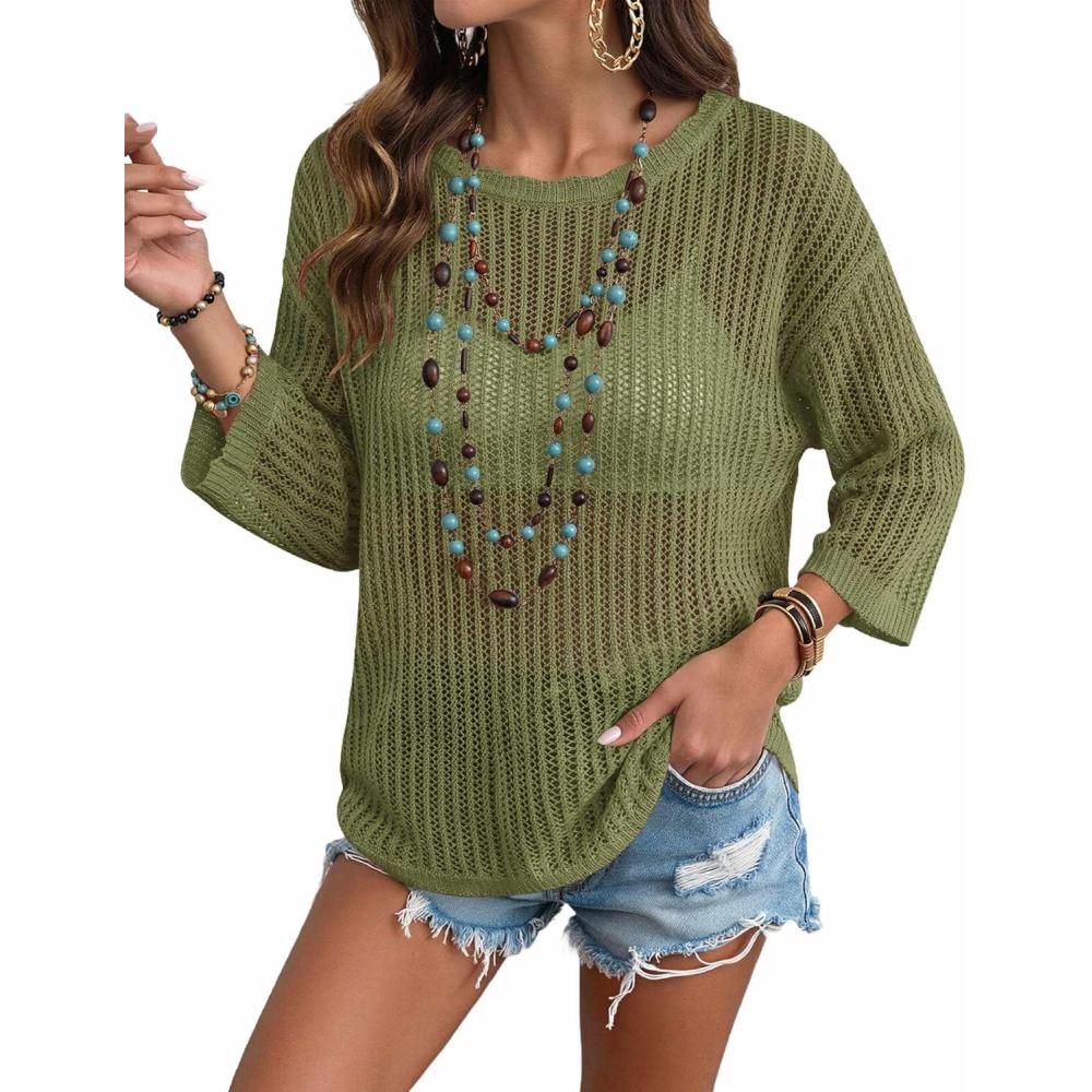 imageZeagoo Womens Summer Tops Crochet Sweaters Resort Wear 34 Sleeve Hollow Out Knit Tops 2026 Beach CoverupArmy Green