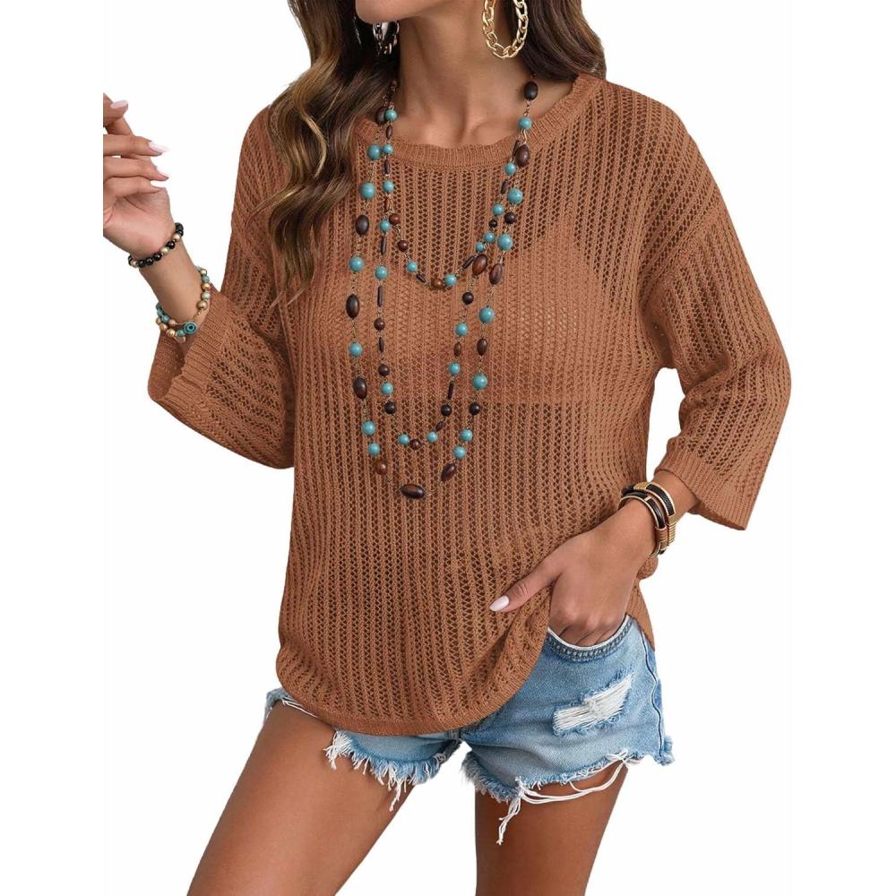 imageZeagoo Womens Summer Tops Crochet Sweaters Resort Wear 34 Sleeve Hollow Out Knit Tops 2026 Beach CoverupCaramel
