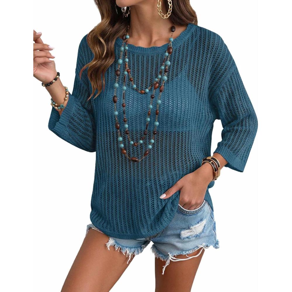 imageZeagoo Womens Summer Tops Crochet Sweaters Resort Wear 34 Sleeve Hollow Out Knit Tops 2026 Beach CoverupCyan