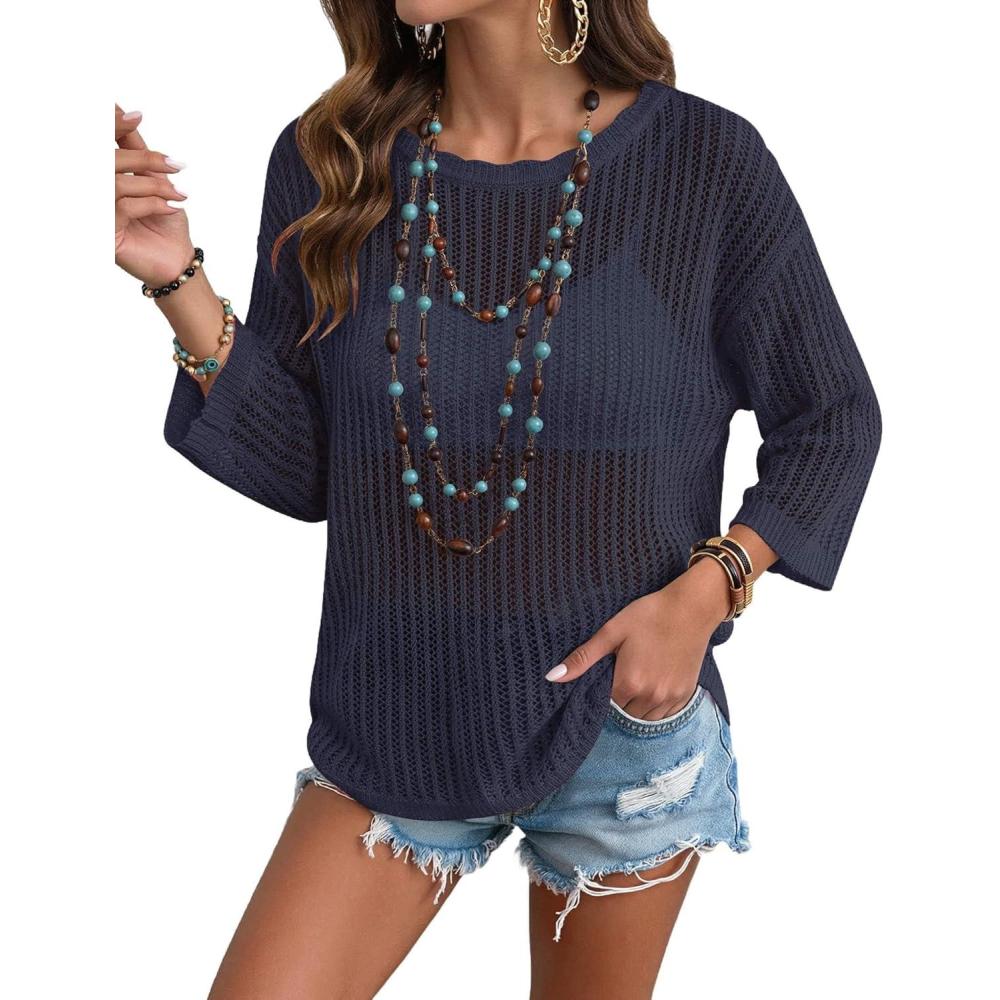 imageZeagoo Womens Summer Tops Crochet Sweaters Resort Wear 34 Sleeve Hollow Out Knit Tops 2026 Beach CoverupDeep Blue