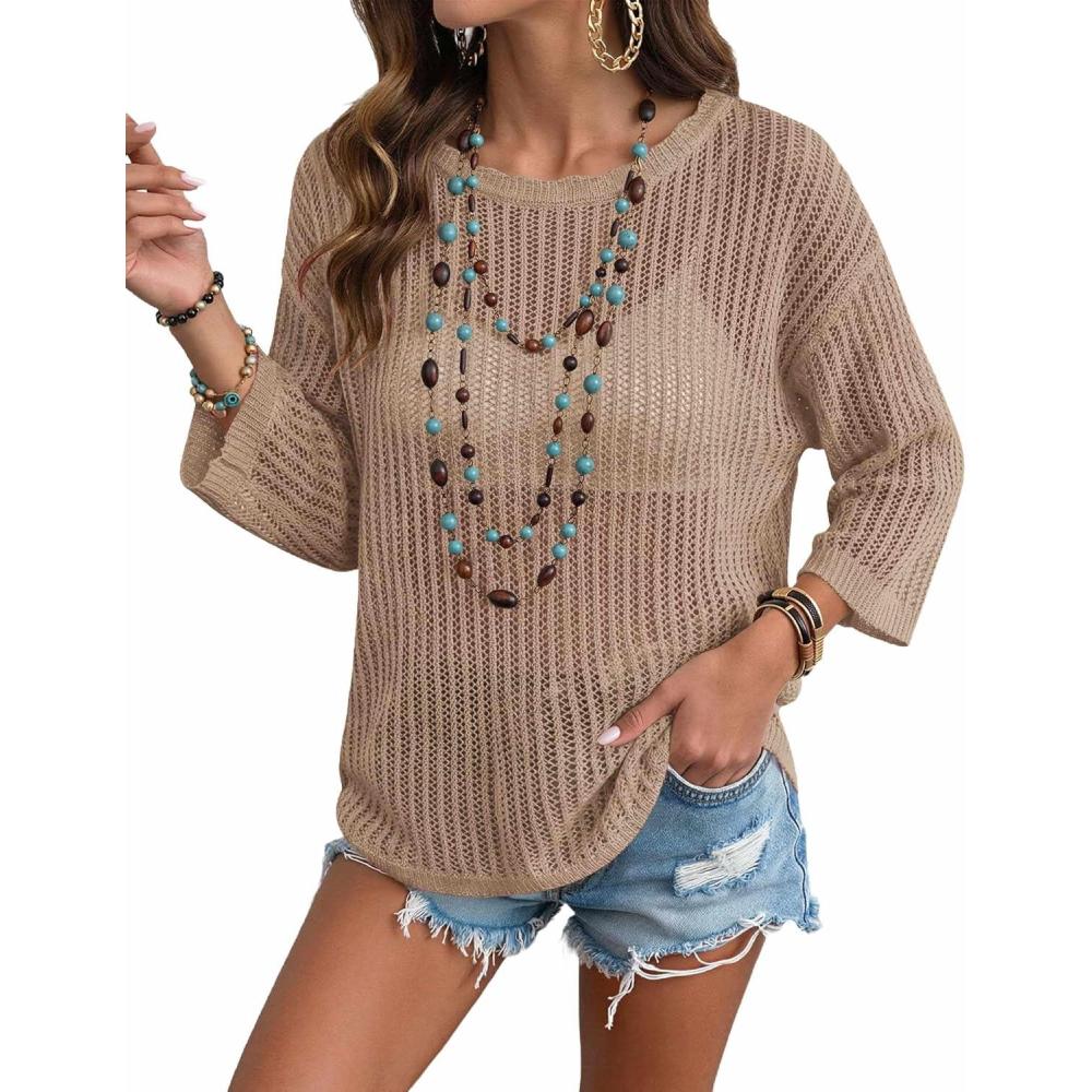 imageZeagoo Womens Summer Tops Crochet Sweaters Resort Wear 34 Sleeve Hollow Out Knit Tops 2026 Beach CoverupKhaki