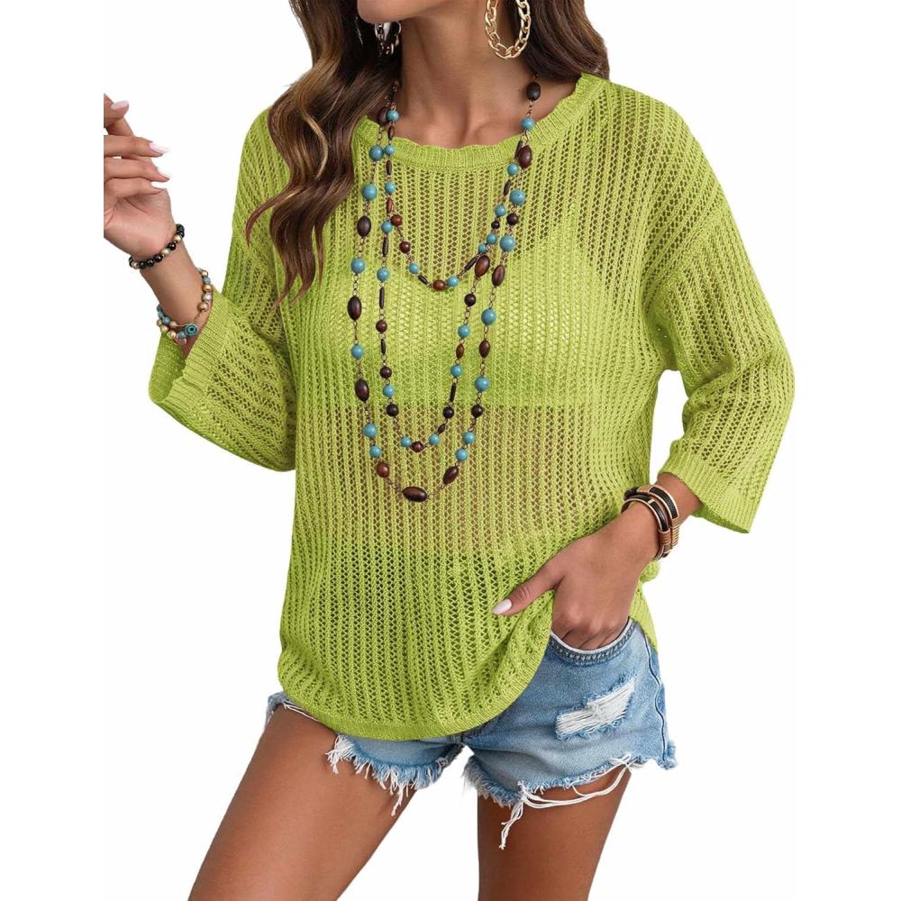 imageZeagoo Womens Summer Tops Crochet Sweaters Resort Wear 34 Sleeve Hollow Out Knit Tops 2026 Beach CoverupLemon