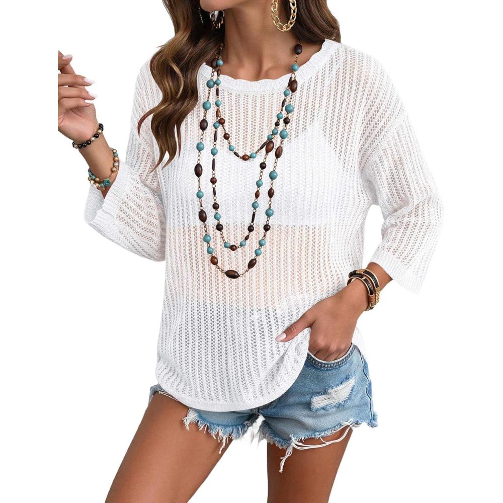 imageZeagoo Womens Summer Tops Crochet Sweaters Resort Wear 34 Sleeve Hollow Out Knit Tops 2026 Beach CoverupWhite