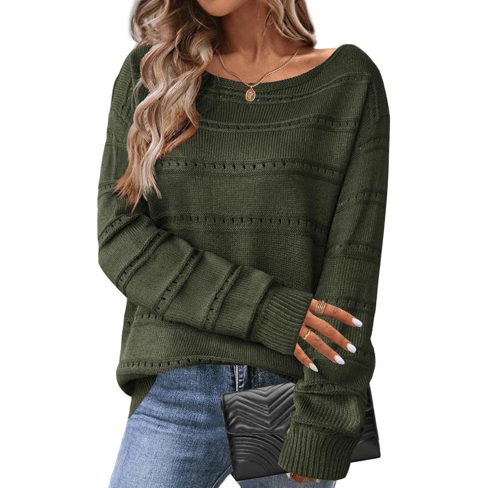 imageZeagoo Womens Sweaters Cute Long Sleeve Off The Shoulder Pullover Tops Hollow Out Crochet Dressy Casual OutfitsAarmy Green