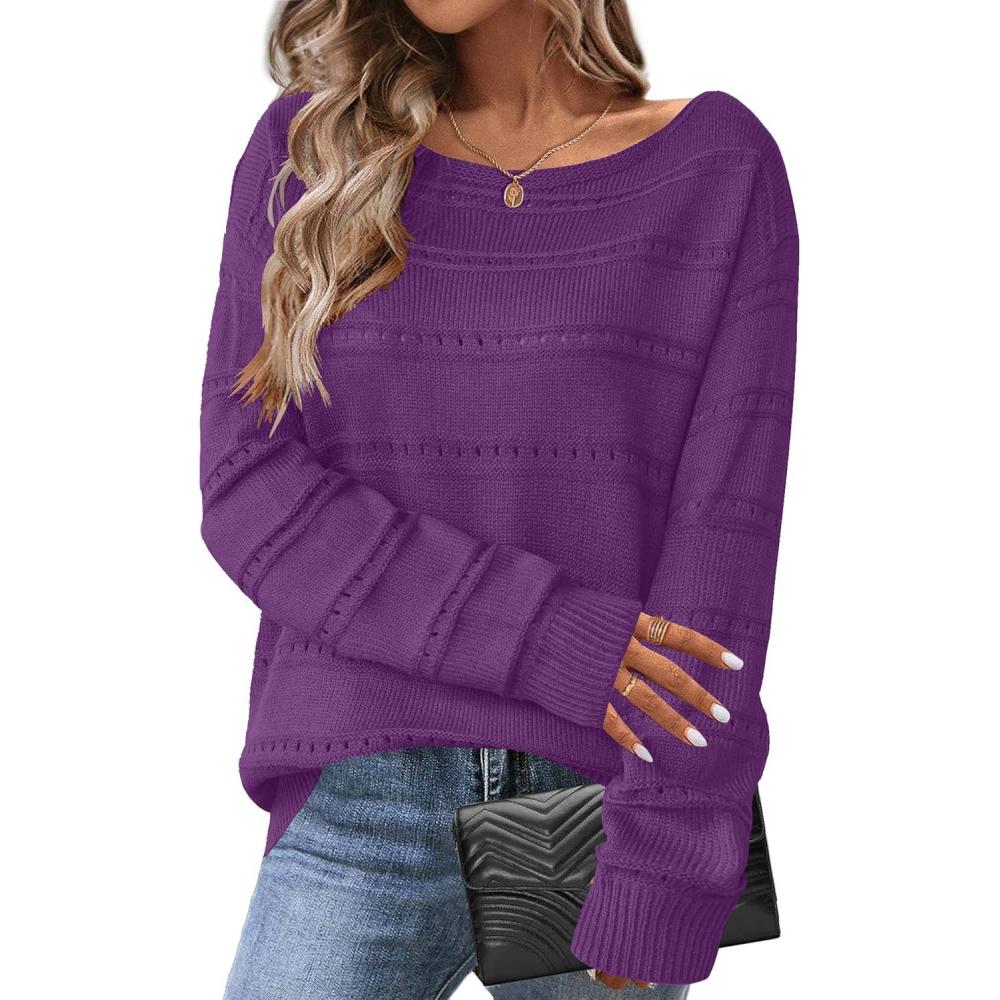 imageZeagoo Womens Sweaters Cute Long Sleeve Off The Shoulder Pullover Tops Hollow Out Crochet Dressy Casual OutfitsAdark Purple