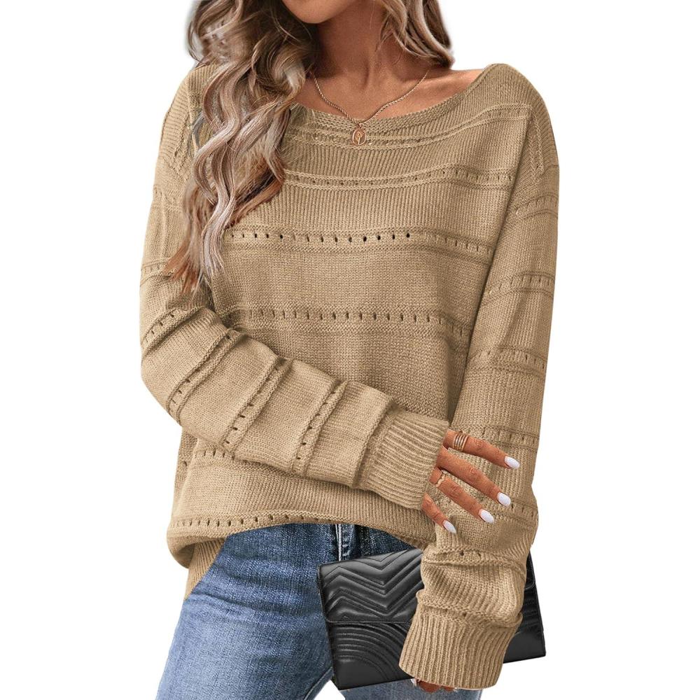 imageZeagoo Womens Sweaters Cute Long Sleeve Off The Shoulder Pullover Tops Hollow Out Crochet Dressy Casual OutfitsAkhaki