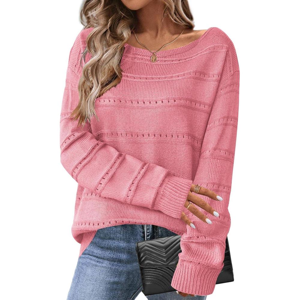 imageZeagoo Womens Sweaters Cute Long Sleeve Off The Shoulder Pullover Tops Hollow Out Crochet Dressy Casual OutfitsAlight Pink