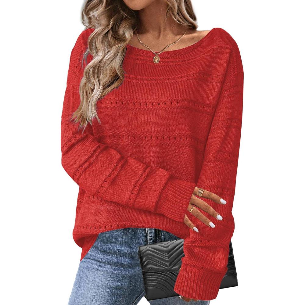 imageZeagoo Womens Sweaters Cute Long Sleeve Off The Shoulder Pullover Tops Hollow Out Crochet Dressy Casual OutfitsAred