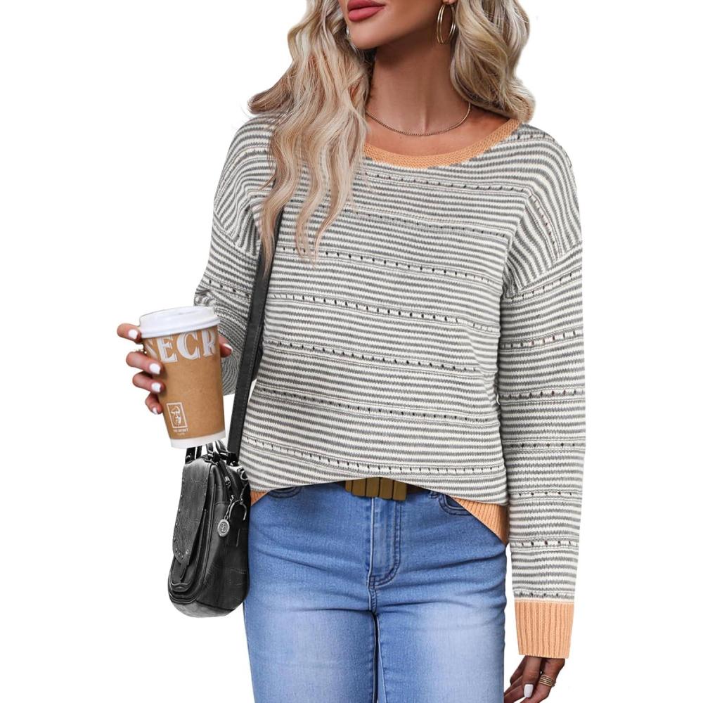 imageZeagoo Womens Sweaters Cute Long Sleeve Off The Shoulder Pullover Tops Hollow Out Crochet Dressy Casual OutfitsGray Stripe