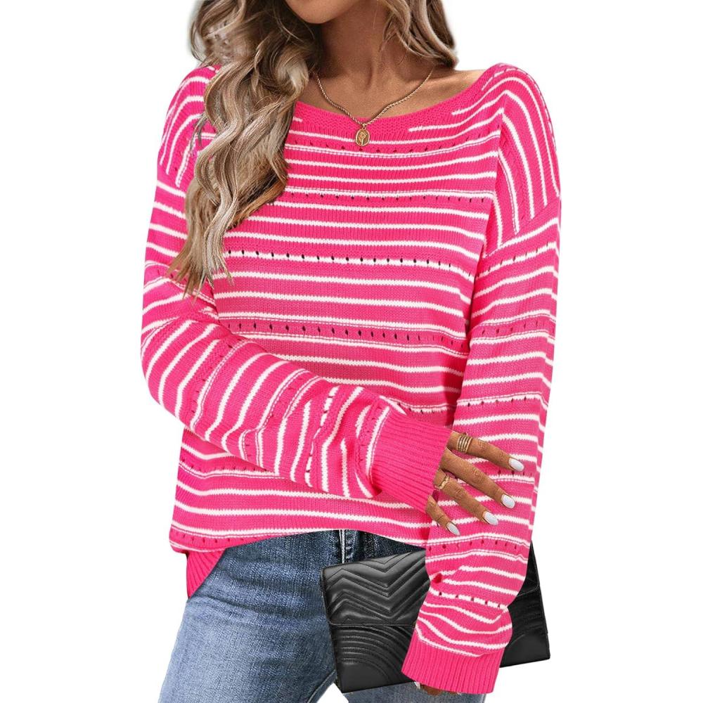 imageZeagoo Womens Sweaters Cute Long Sleeve Off The Shoulder Pullover Tops Hollow Out Crochet Dressy Casual OutfitsHot Pink Stripe