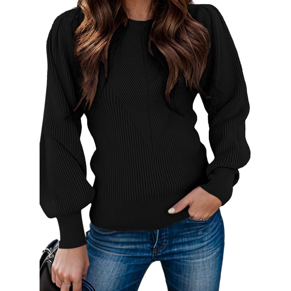 imageZeagoo Womens Sweaters Fall 2026 Dressy Casual Long Sleeve Shirts Ribbed Knit Winter Outfits Puff Pullover Jumper TopsA Black