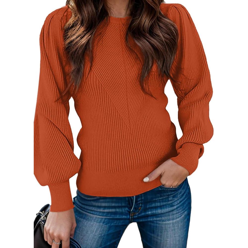 imageZeagoo Womens Sweaters Fall 2026 Dressy Casual Long Sleeve Shirts Ribbed Knit Winter Outfits Puff Pullover Jumper TopsA Brickred
