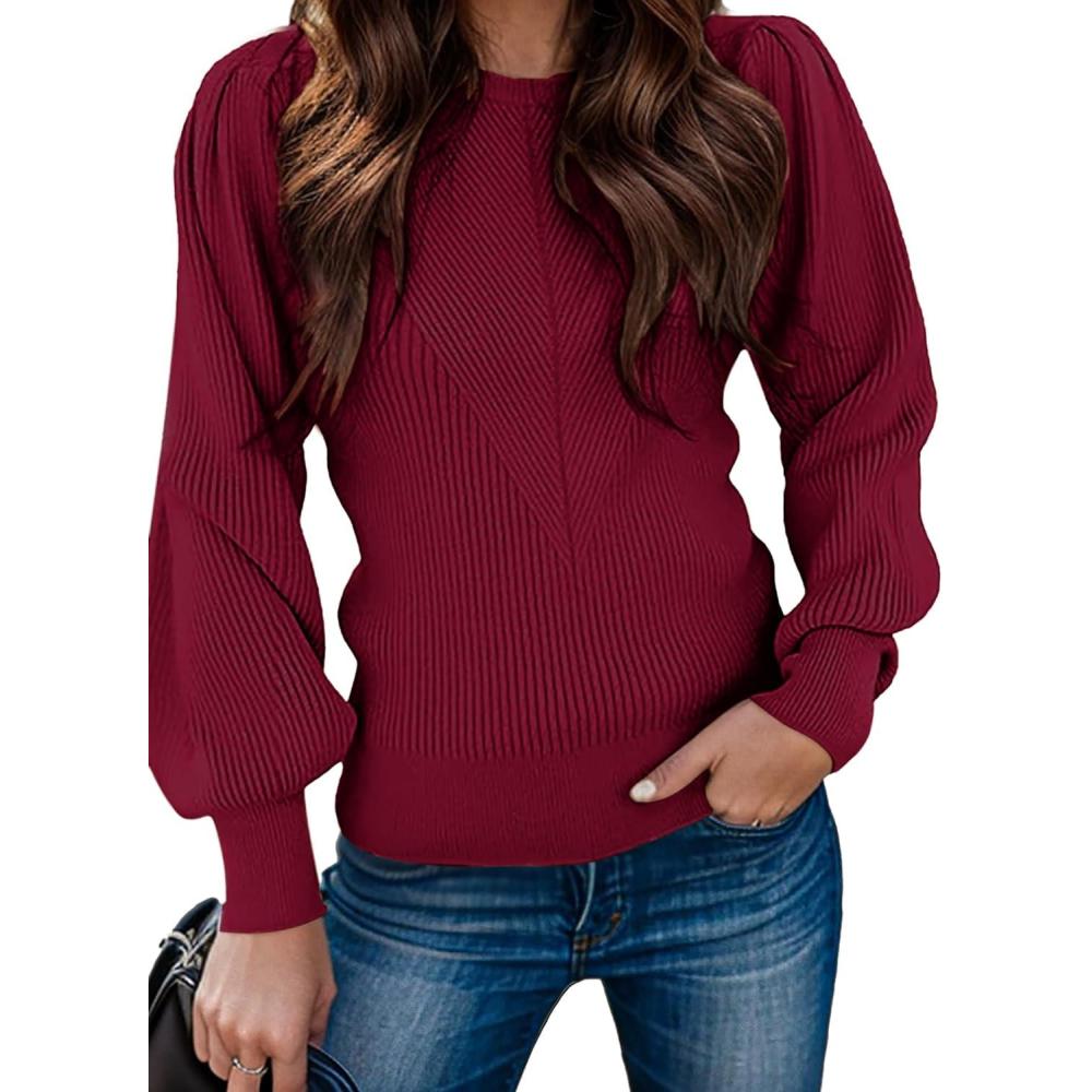 imageZeagoo Womens Sweaters Fall 2026 Dressy Casual Long Sleeve Shirts Ribbed Knit Winter Outfits Puff Pullover Jumper TopsA Red