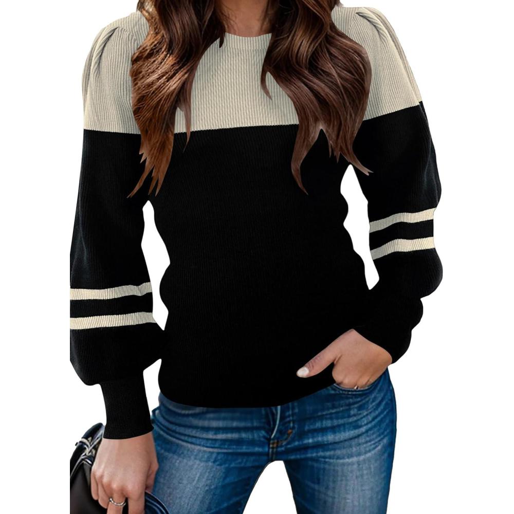 imageZeagoo Womens Sweaters Fall 2026 Dressy Casual Long Sleeve Shirts Ribbed Knit Winter Outfits Puff Pullover Jumper TopsB Apricot Black