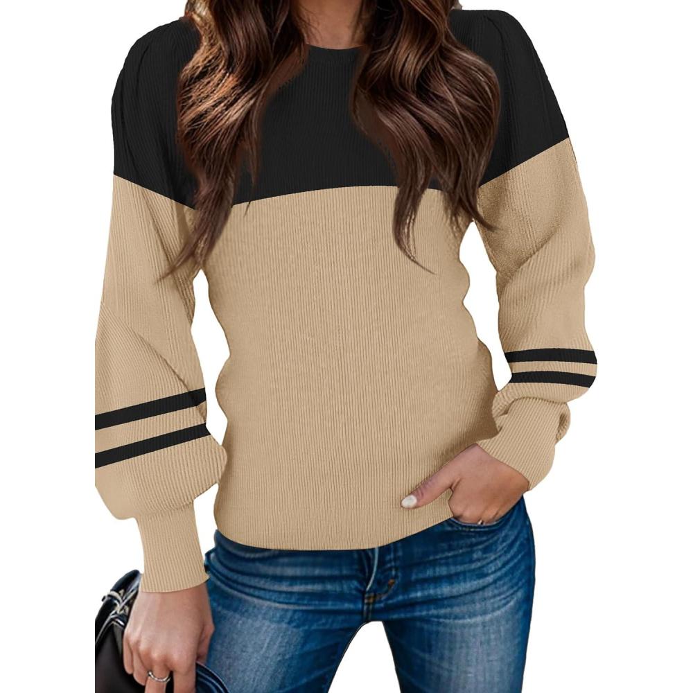 imageZeagoo Womens Sweaters Fall 2026 Dressy Casual Long Sleeve Shirts Ribbed Knit Winter Outfits Puff Pullover Jumper TopsB Black Khaki