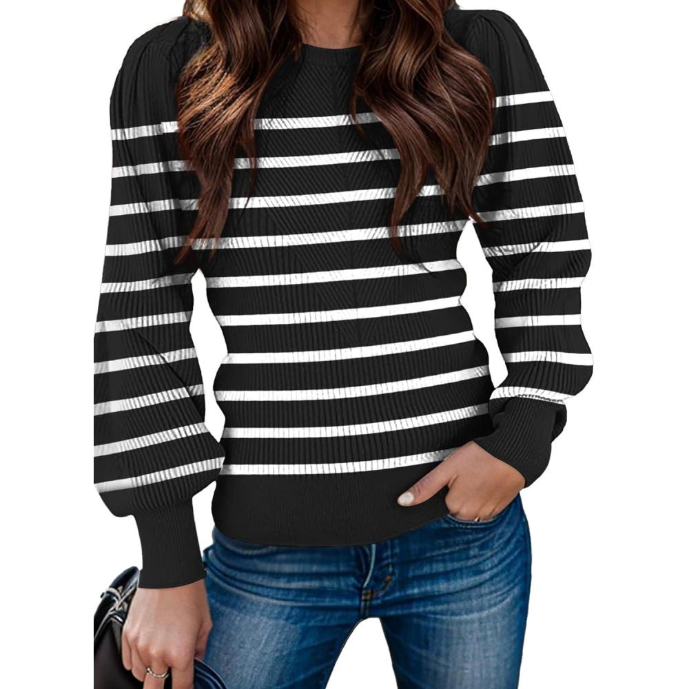 imageZeagoo Womens Sweaters Fall 2026 Dressy Casual Long Sleeve Shirts Ribbed Knit Winter Outfits Puff Pullover Jumper TopsB Black Stripe