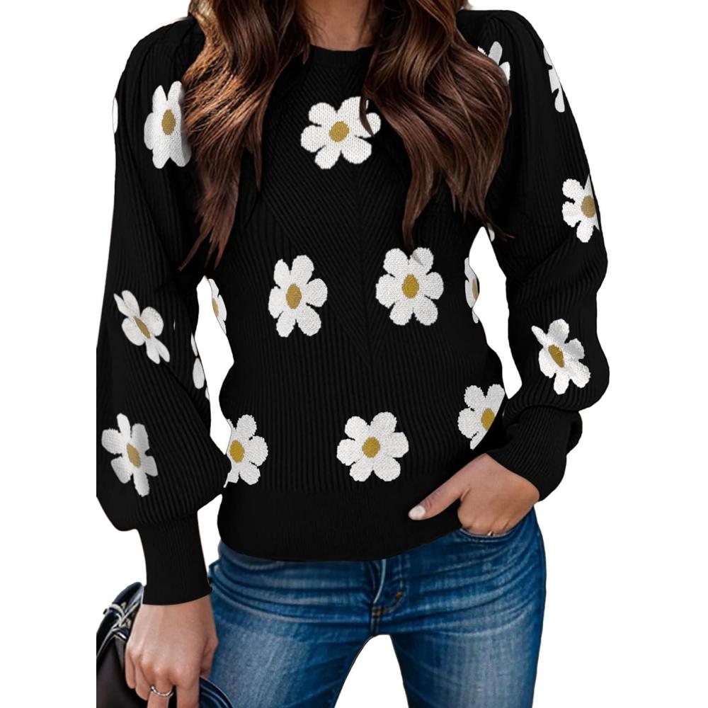 imageZeagoo Womens Sweaters Fall 2026 Dressy Casual Long Sleeve Shirts Ribbed Knit Winter Outfits Puff Pullover Jumper TopsB Floral Black