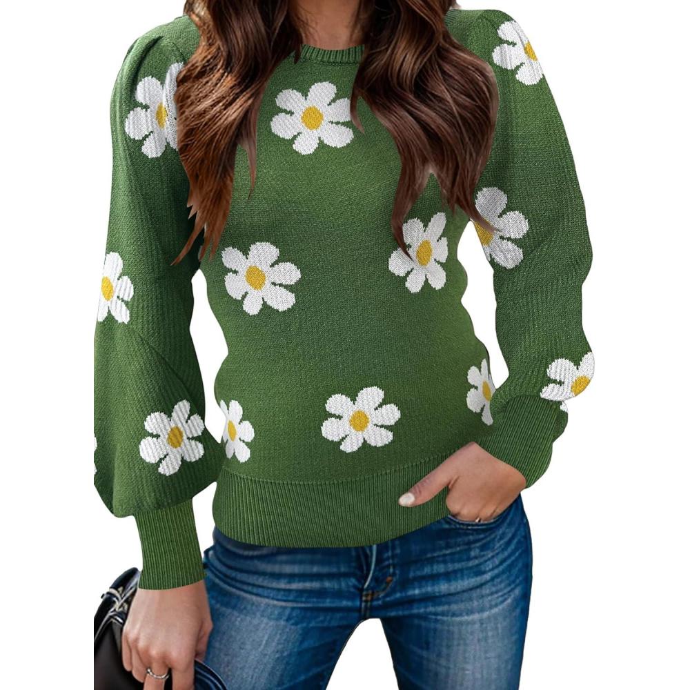 imageZeagoo Womens Sweaters Fall 2026 Dressy Casual Long Sleeve Shirts Ribbed Knit Winter Outfits Puff Pullover Jumper TopsB Floral Green