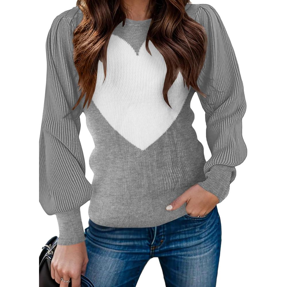 imageZeagoo Womens Sweaters Fall 2026 Dressy Casual Long Sleeve Shirts Ribbed Knit Winter Outfits Puff Pullover Jumper TopsC Grey White Heart